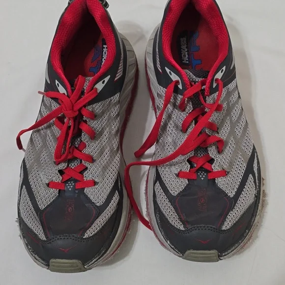 Hoka Red and Gray Running Shoes 10